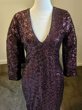 Express Magenta/Black Sequin V-Neck Long Sleeve Dress